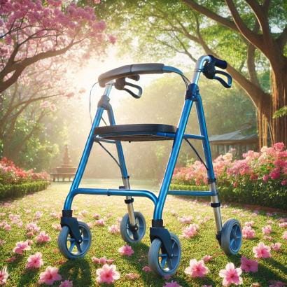 Andador rollator azul de una de las marcas más vendidas en amazon, en el parque al atardecer.