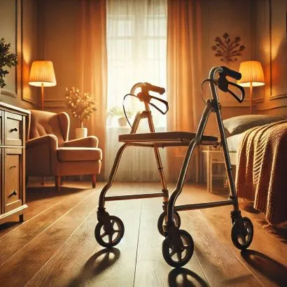 Andador rollator con asiento en una habitación al anochecer