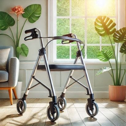Andador rollator moderno con asiento y respaldo en una habitación al atardecer