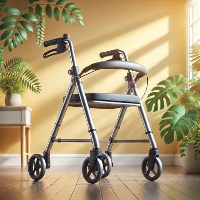 Andador rollator con asiento es una habitación iluminada por el sol del atardecer.