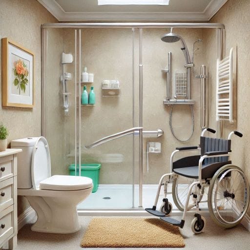 Imagen de un baño totalmente adaptado, una de las mejores opciones para prevenir las caídas en personas mayores.