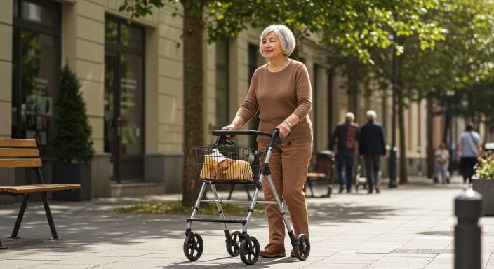 Mujer mayor caminando con un andador con cesta