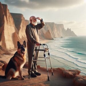 Hombre mayor mirando al mar desde un acantilado junto con su perro y su andador.