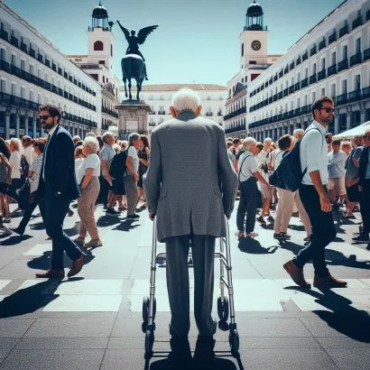 Persona mayor caminando con su andador entre una multitud